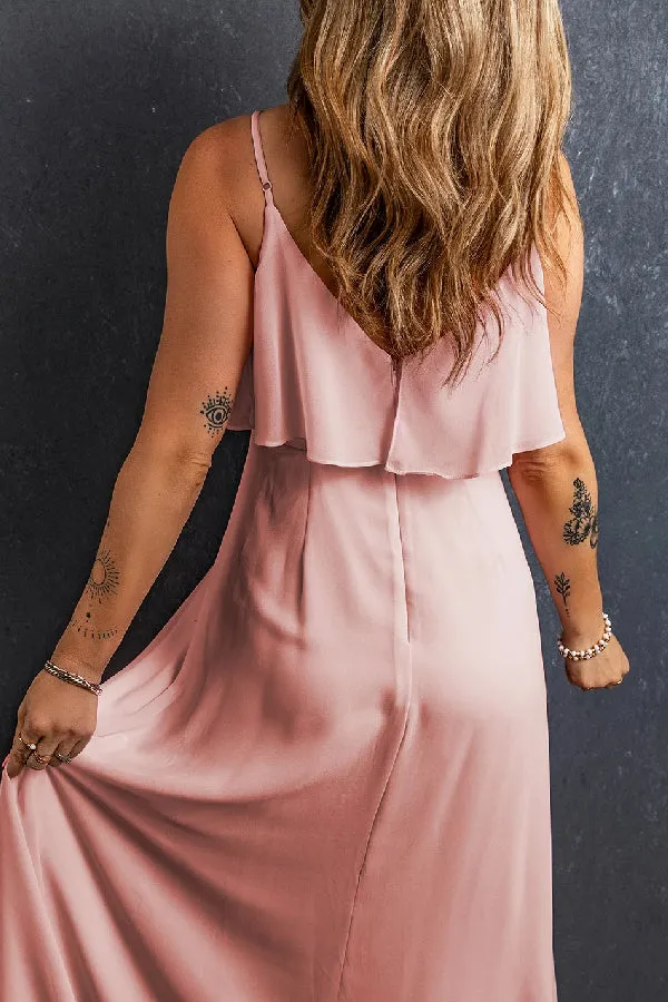 Light Pink Spaghetti Straps V Neck Ruffled Split Long Dress