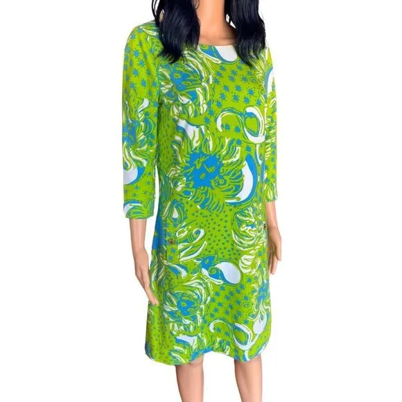 Lilly Pulitzer Charlene Shift Limeade Lion Print Green Knit Cotton Dress Medium