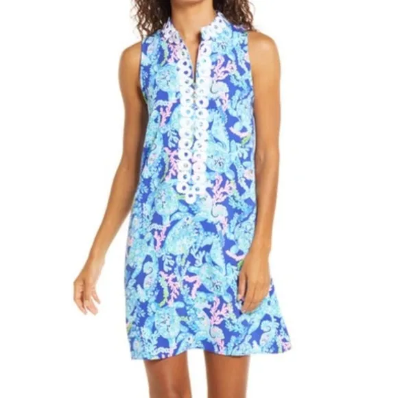 Lilly Pulitzer Sleeveless Jane Shift Dress in Corsica Blue Turtle Villa