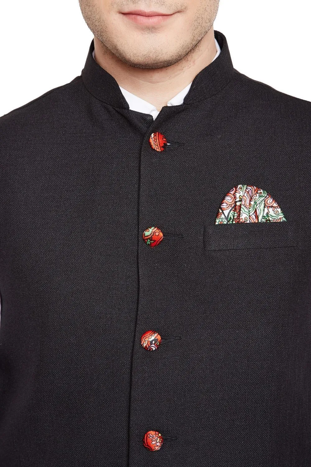 Linen Blend Black Modi Nehru Jacket