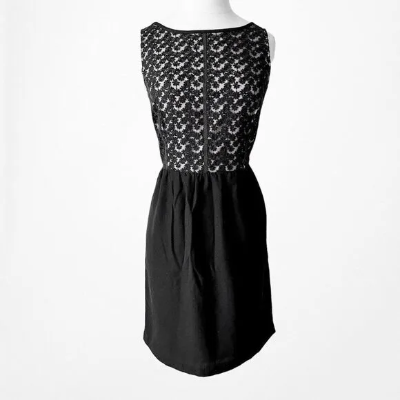 Loft Black Sleeveless Floral Lace Knee Length Shift Tunic Dress Size 4/M