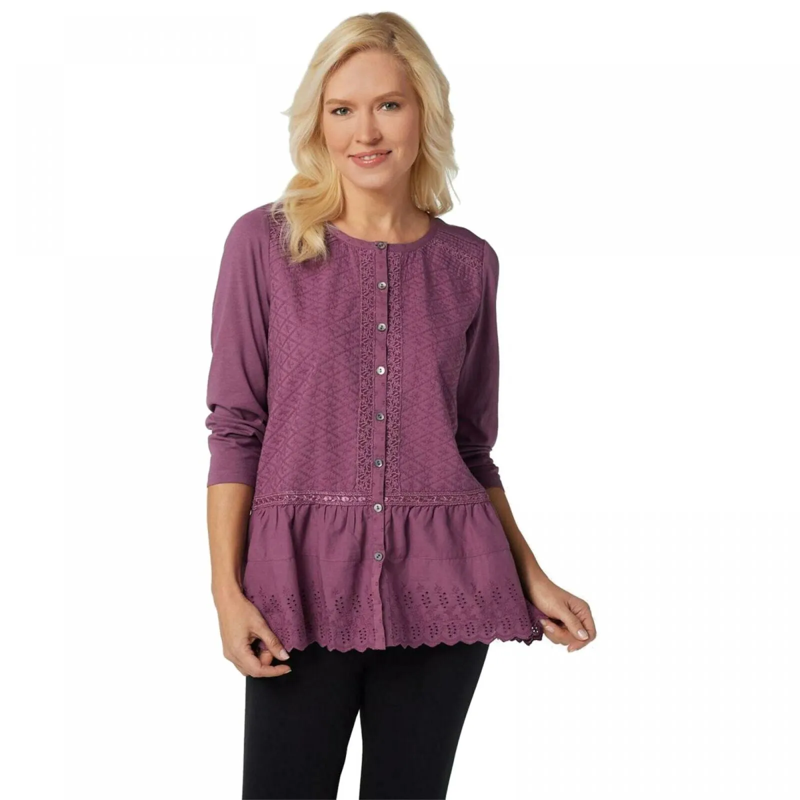 LOGO by Lori Goldstein Lavish Button-Front Woven Top With Knit Sleeves
