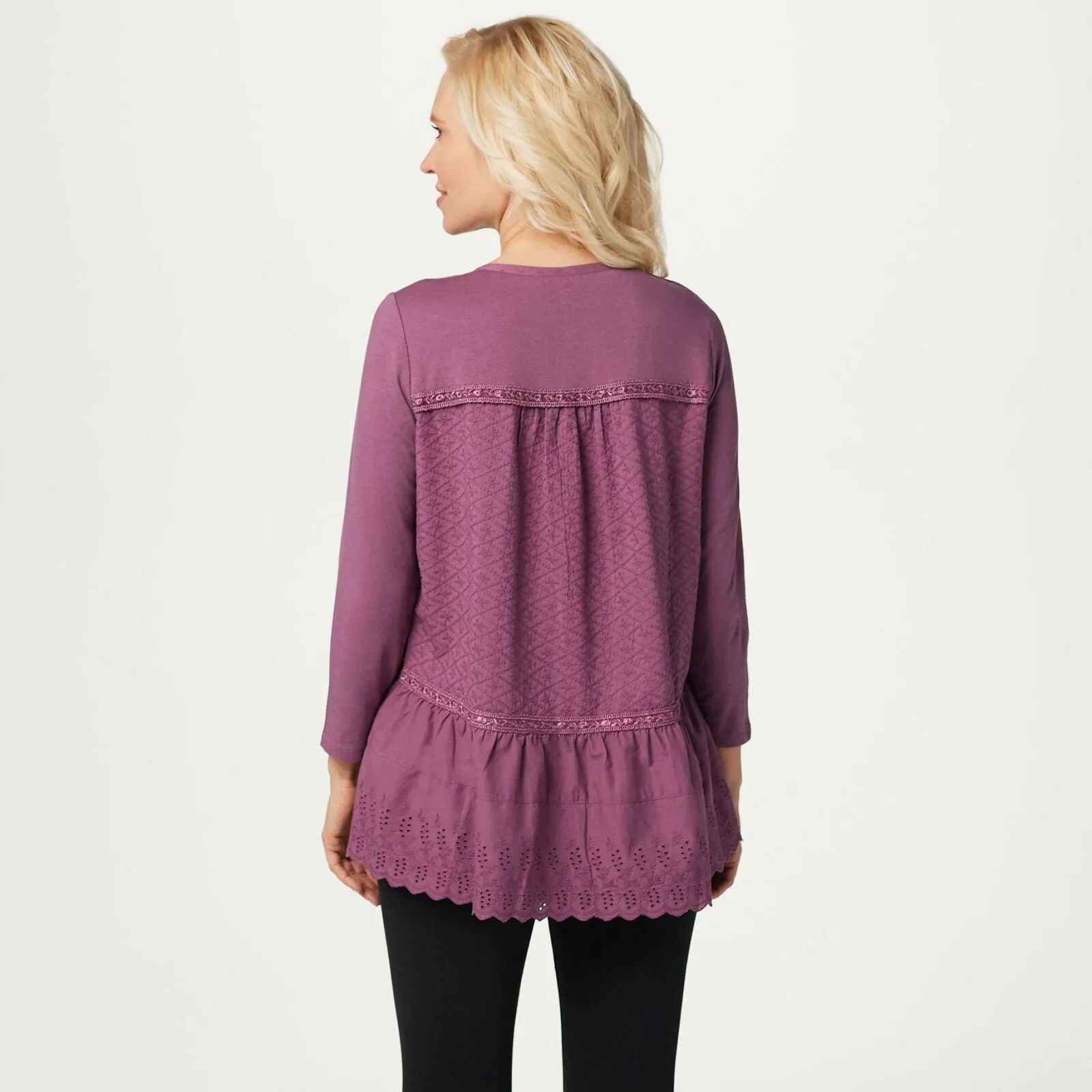 LOGO by Lori Goldstein Lavish Button-Front Woven Top With Knit Sleeves