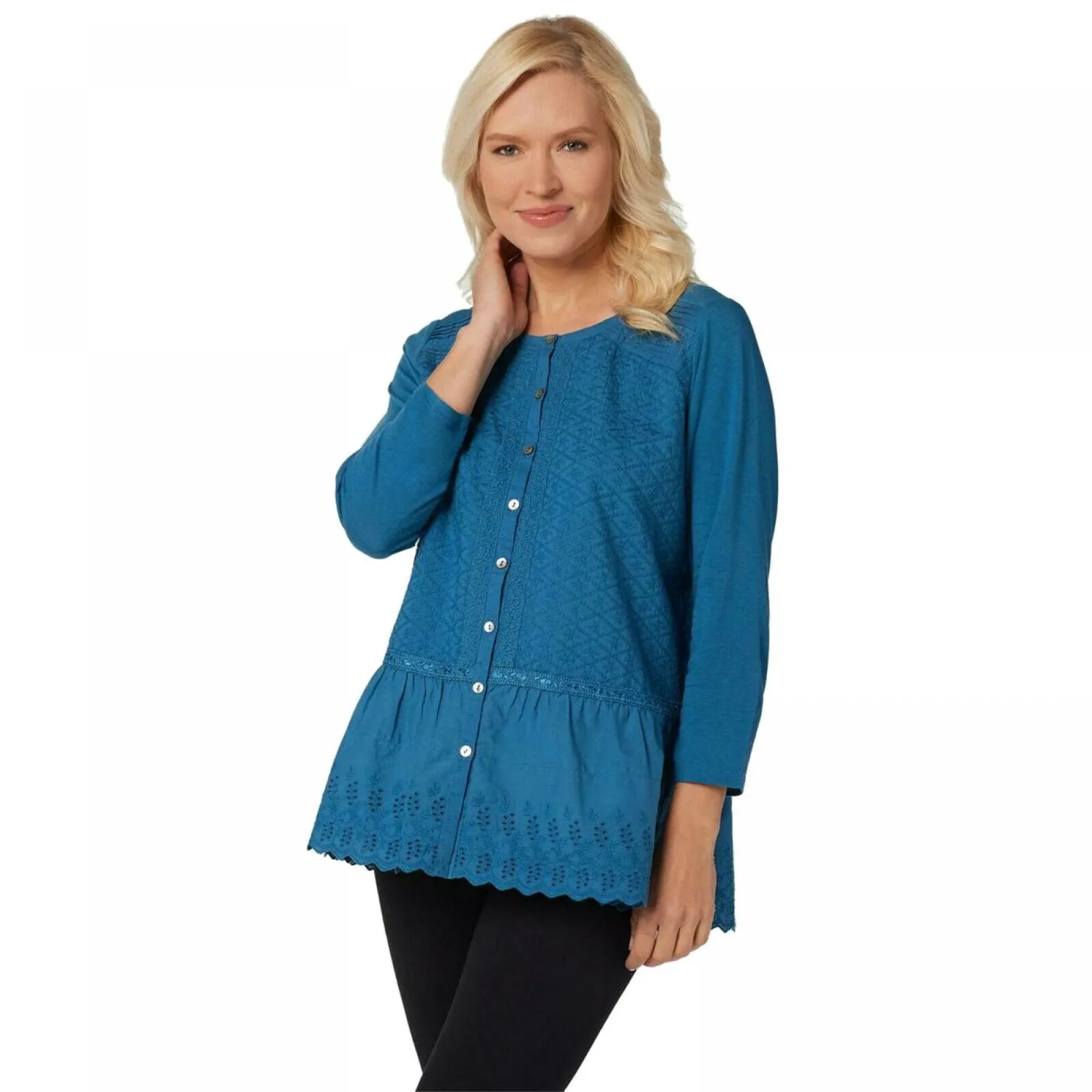 LOGO by Lori Goldstein Lavish Button-Front Woven Top With Knit Sleeves