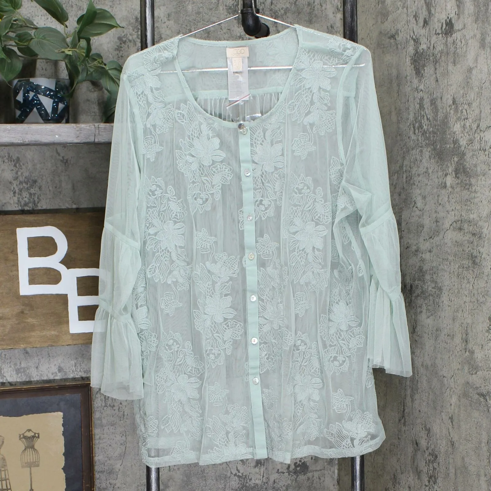 LOGO by Lori Goldstein Women's Plus Lavish Embroidered Mesh Blouse