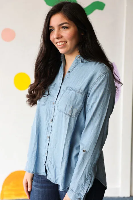 Long Sleeve Button Down Top In Denim