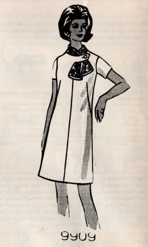 Mail Order 9909 Womens Classic Shift Dress with French Darts & Neck Tab with Scarf  1960s Vintage Sewing Pattern Bust 34 inches UNUSED Factory Folded