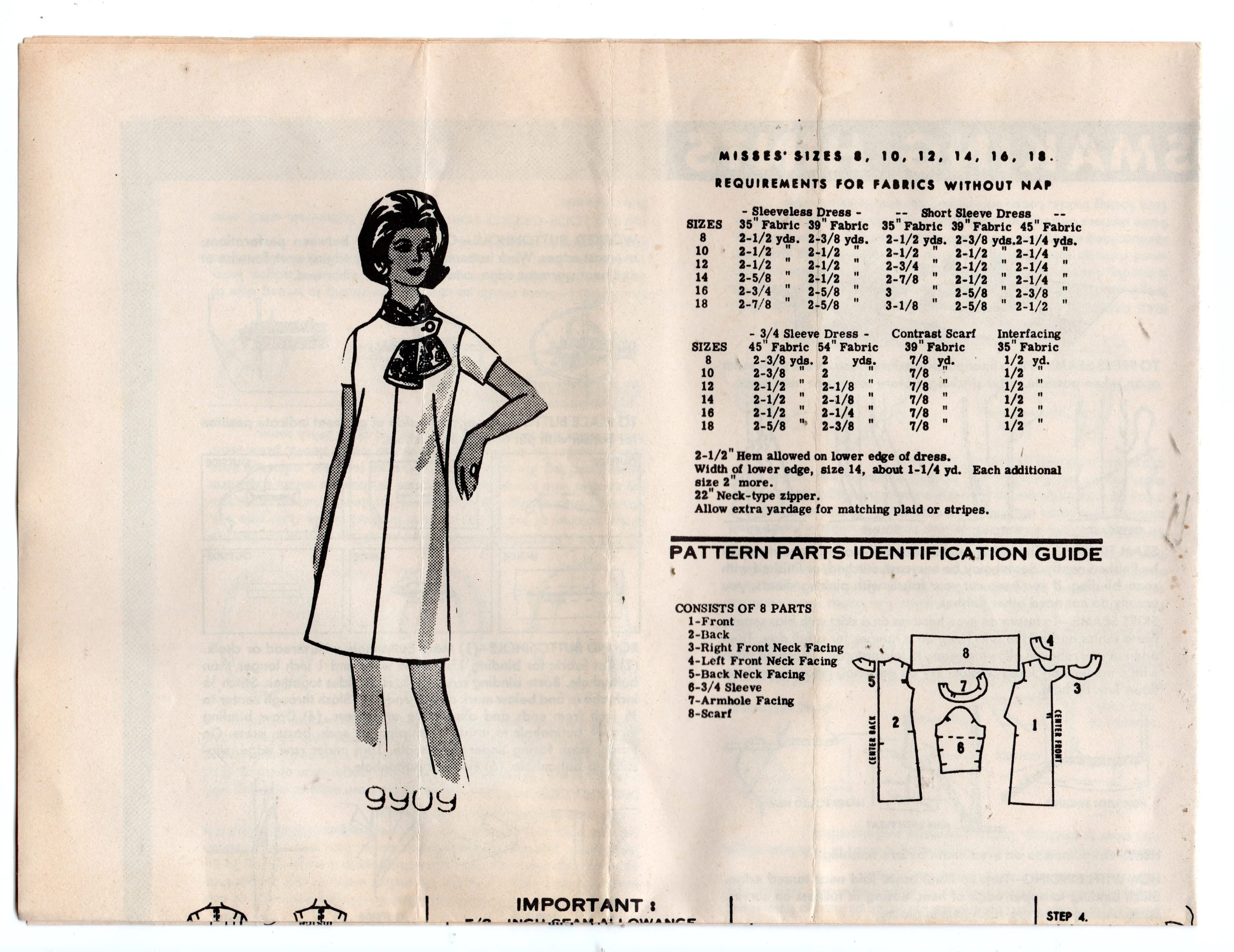 Mail Order 9909 Womens Classic Shift Dress with French Darts & Neck Tab with Scarf  1960s Vintage Sewing Pattern Bust 34 inches UNUSED Factory Folded