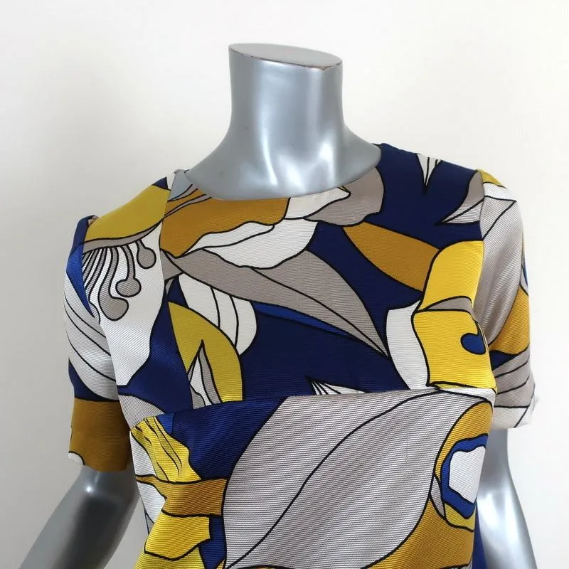 Marni Mini Dress Blue/Yellow Floral Print Twill Size 40 Short Sleeve Shift
