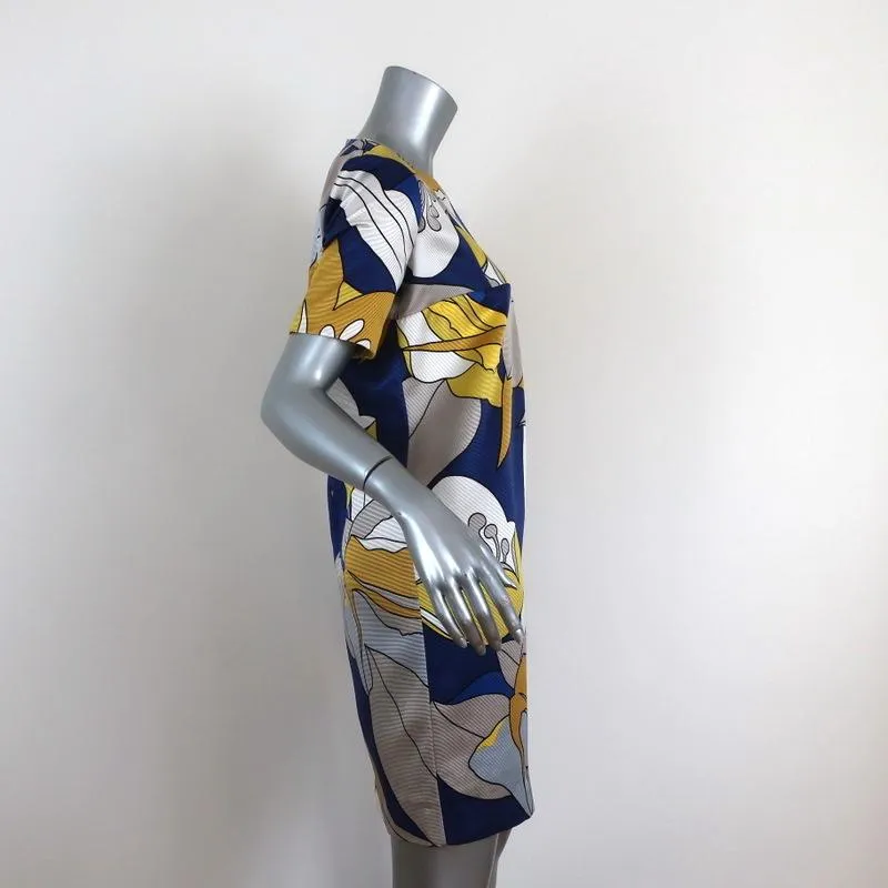 Marni Mini Dress Blue/Yellow Floral Print Twill Size 40 Short Sleeve Shift