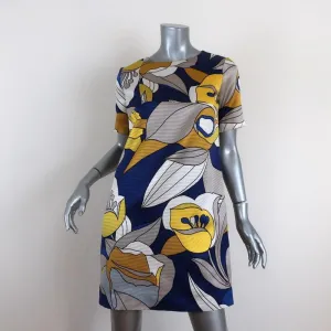 Marni Mini Dress Blue/Yellow Floral Print Twill Size 40 Short Sleeve Shift