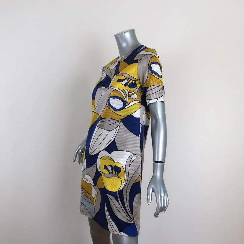 Marni Mini Dress Blue/Yellow Floral Print Twill Size 40 Short Sleeve Shift