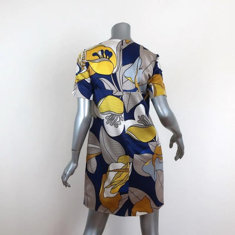 Marni Mini Dress Blue/Yellow Floral Print Twill Size 40 Short Sleeve Shift