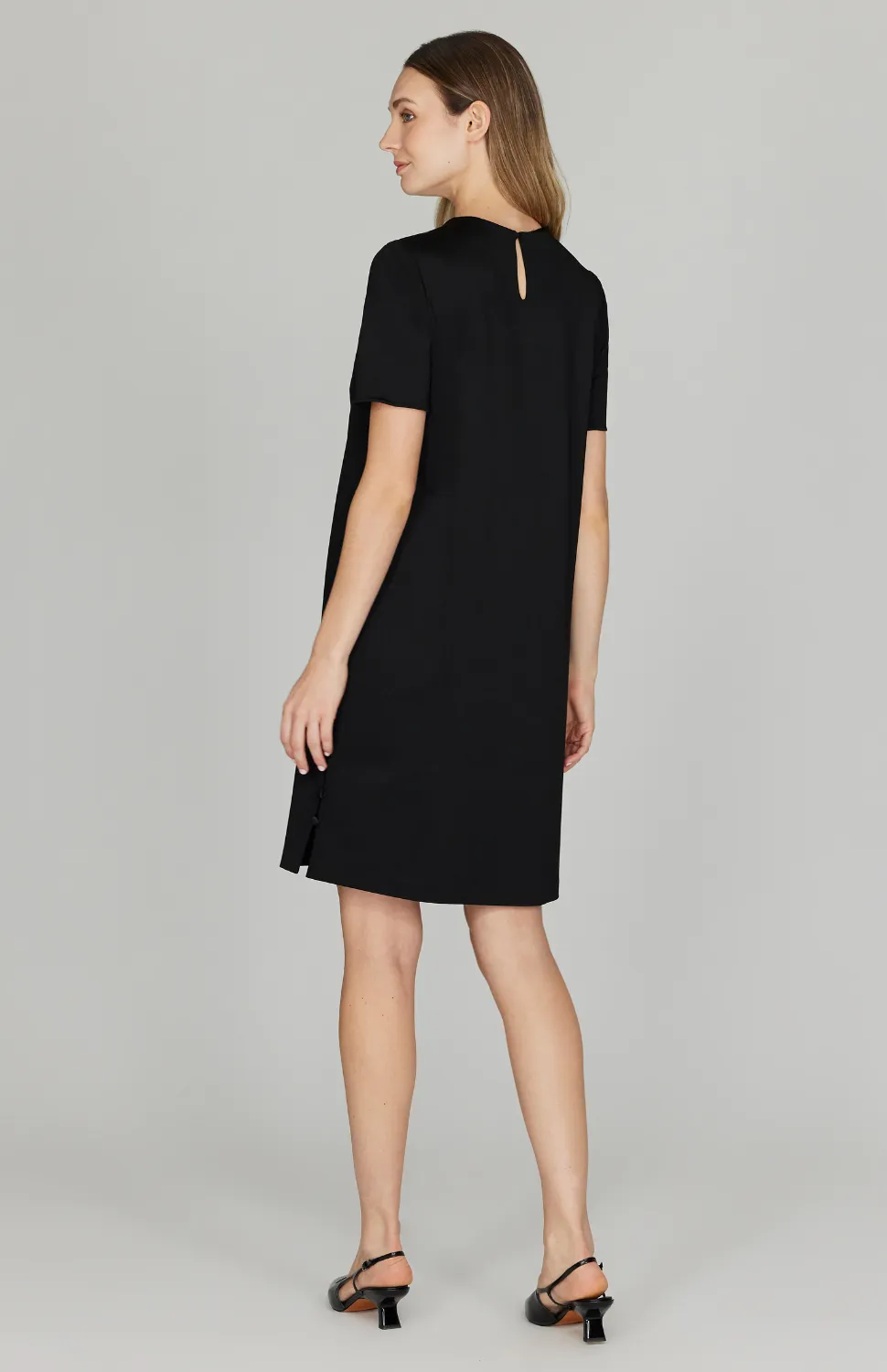 Matte Jersey Shift Dress w/ Side Slit Buttons