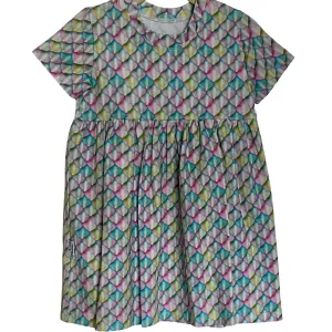 Mermaid Scales Pastel Rainbow Print Gathered Short Sleeve Play Dress Stretch Knit