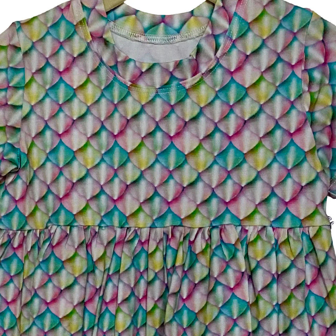 Mermaid Scales Pastel Rainbow Print Gathered Short Sleeve Play Dress Stretch Knit