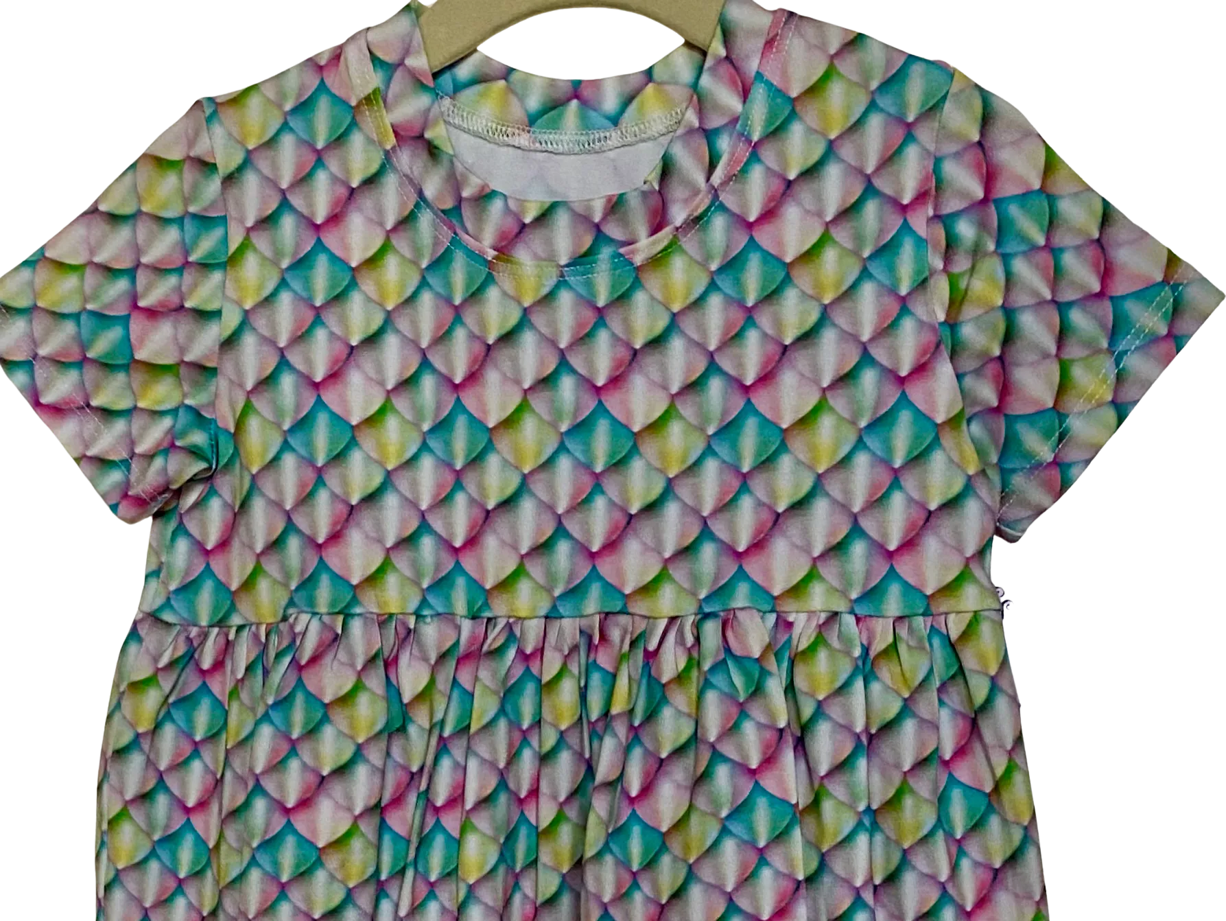 Mermaid Scales Pastel Rainbow Print Gathered Short Sleeve Play Dress Stretch Knit