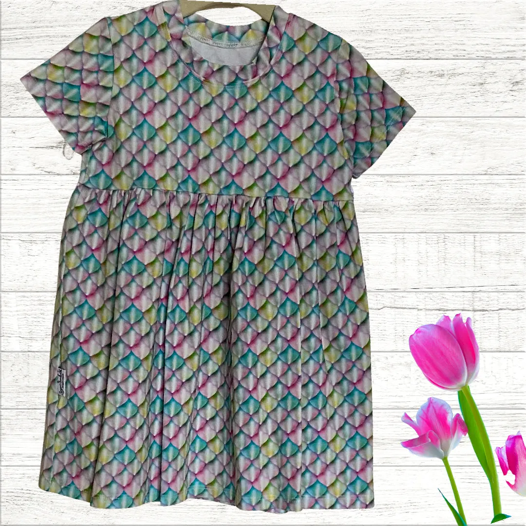 Mermaid Scales Pastel Rainbow Print Gathered Short Sleeve Play Dress Stretch Knit
