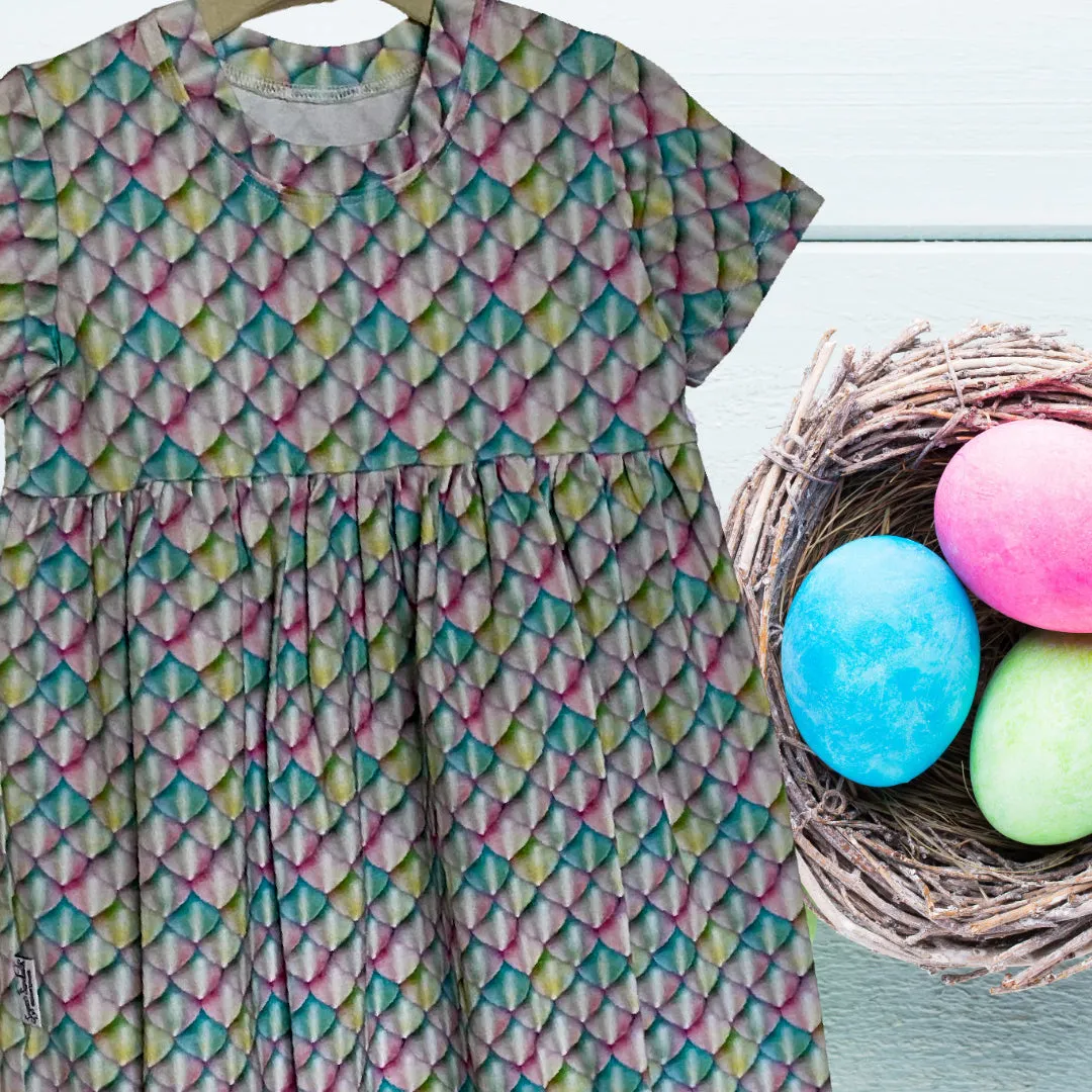 Mermaid Scales Pastel Rainbow Print Gathered Short Sleeve Play Dress Stretch Knit