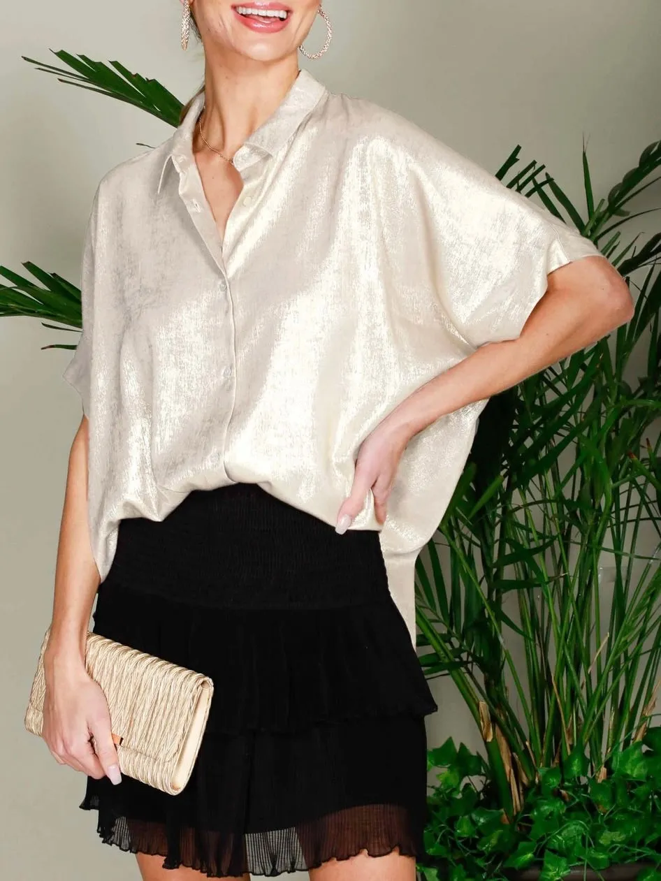 Metallic Short Sleeve Blouse - Champagne