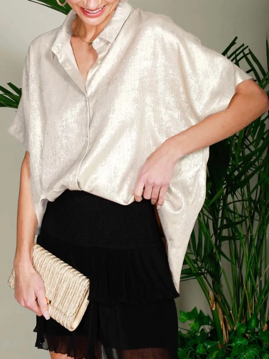 Metallic Short Sleeve Blouse - Champagne