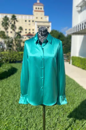 Mi Jong Lee Satin Button Down Blouse in Celadon