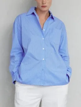 Mod Ref Blue and White Striped Poplin Button Down Blouse