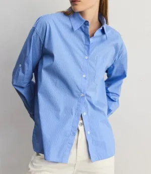 Mod Ref Blue and White Striped Poplin Button Down Blouse