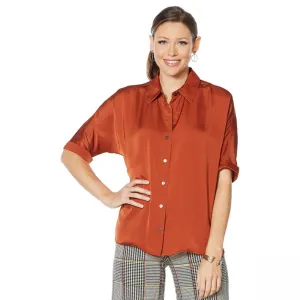 MOTTO Women's Dolman Sleeve Satin Button Down Top