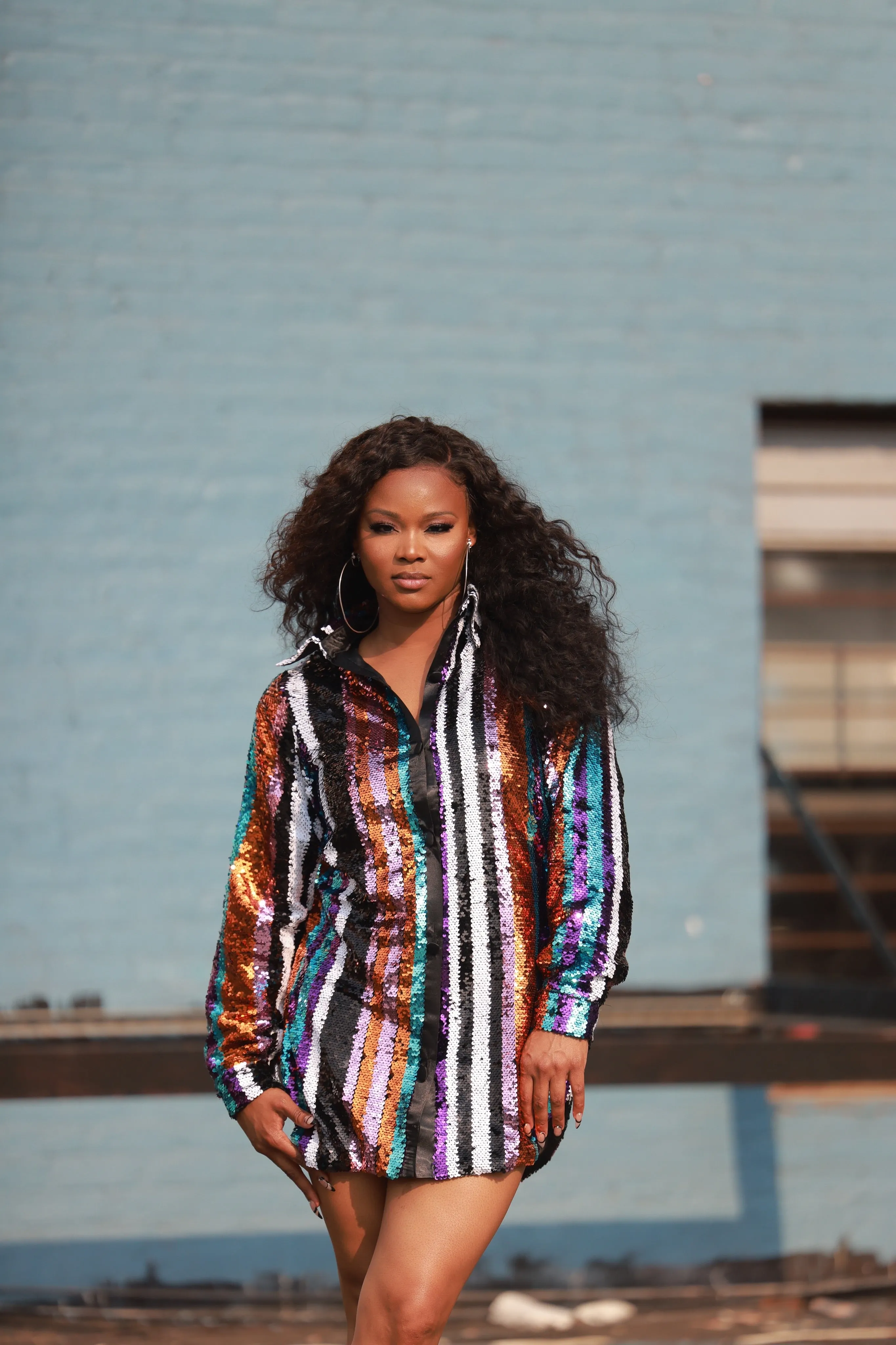 Multicolor Striped Sequin Button Down Blouse (Summer)
