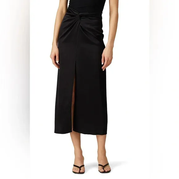 Nanushka - Samara Skirt - Black silky twist front midi skirt slit RTR - size XS