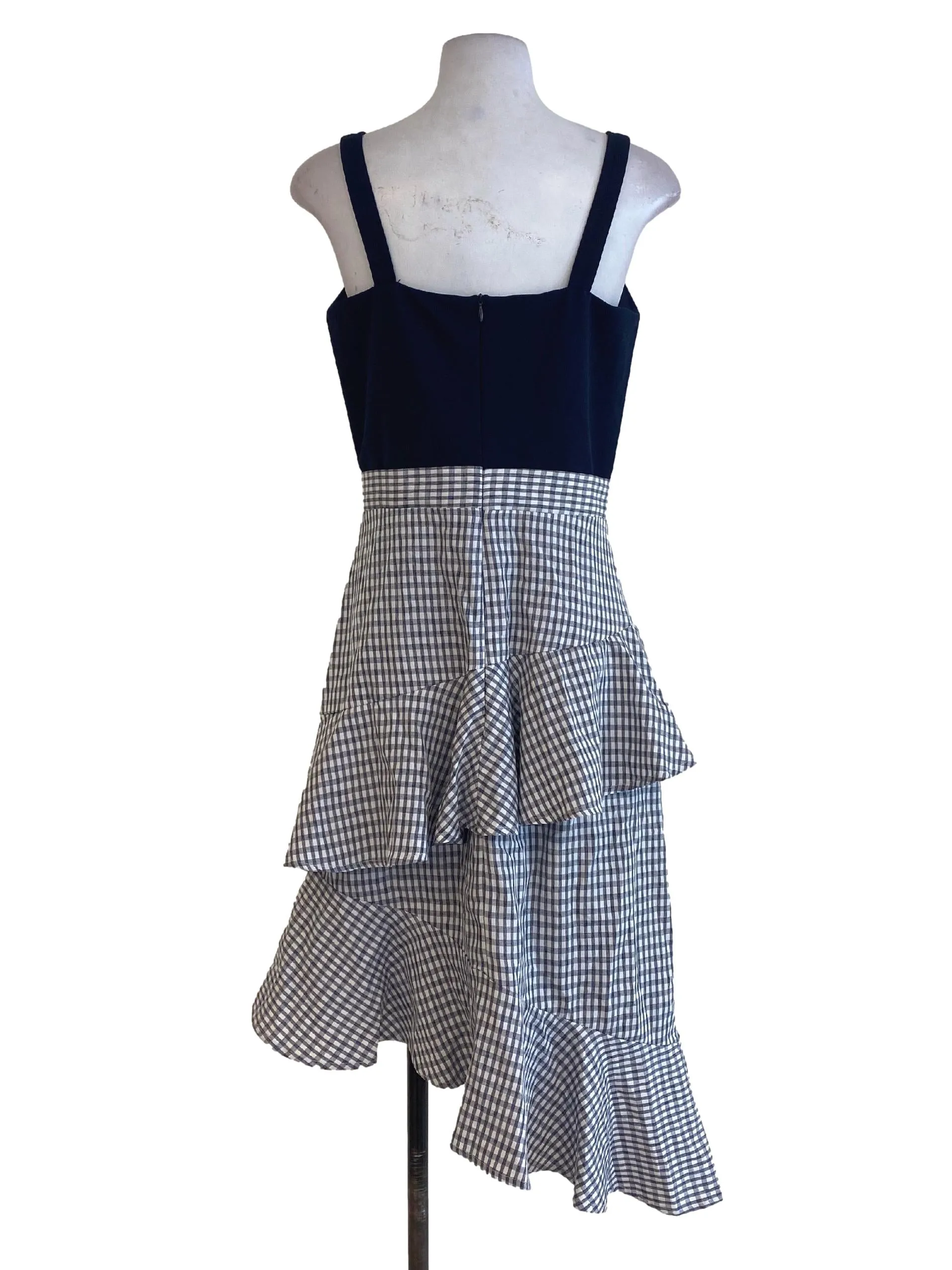 Navy Blue Half Plaid Peplum Dress