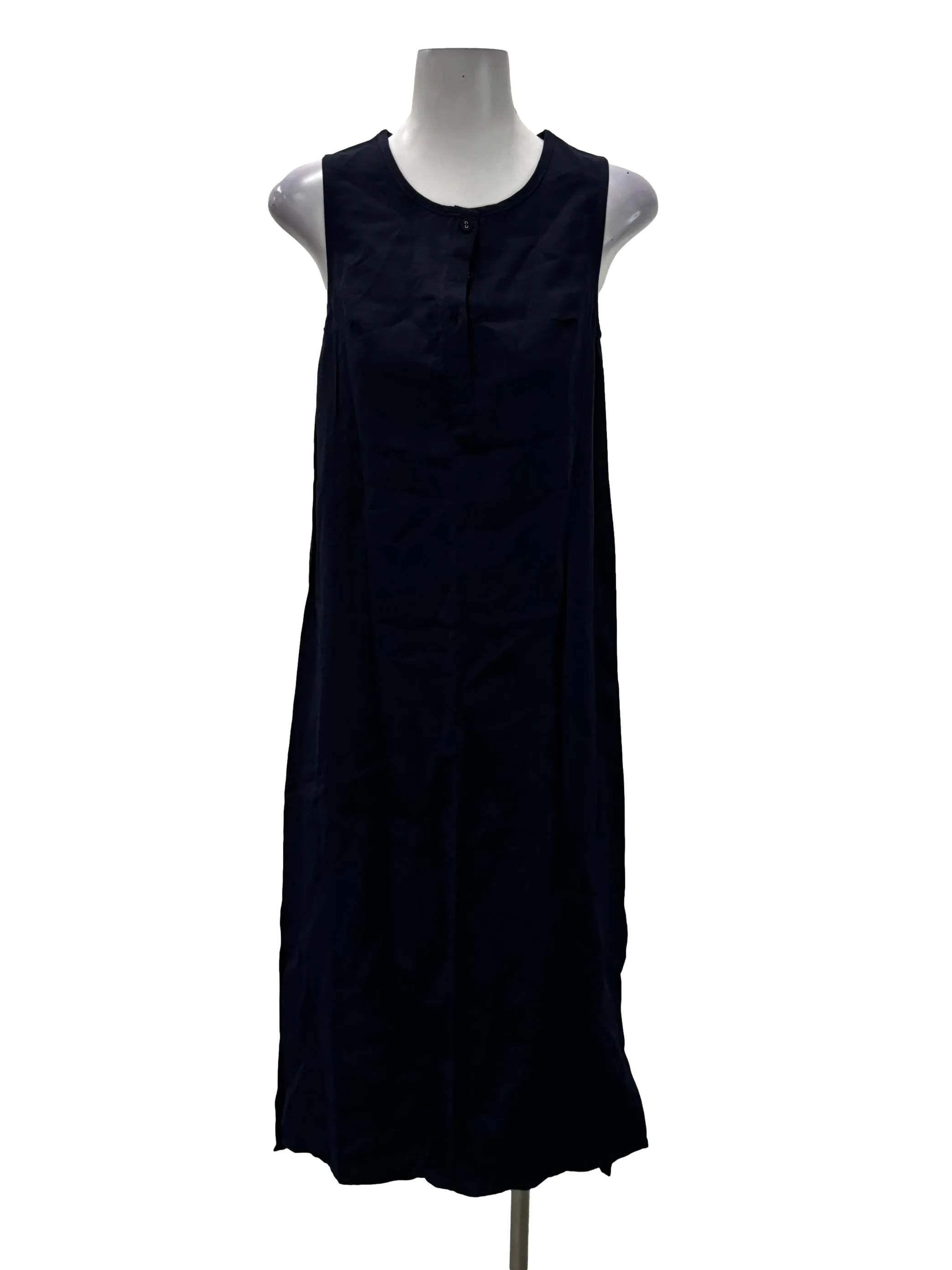 Navy Blue Roundneck Button Up Sleeveless Shift Dress