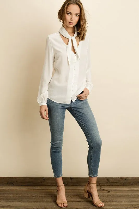 Neck Tie Button Down Blouse