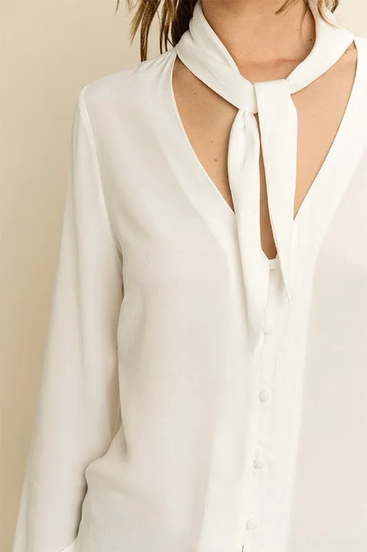 Neck Tie Button Down Blouse