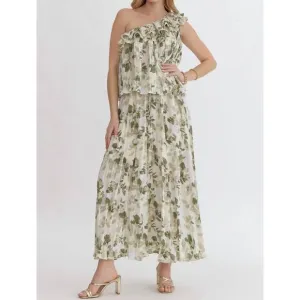 NEW ENTRO isn't she romantic pleated top and skirt set in ivory/green