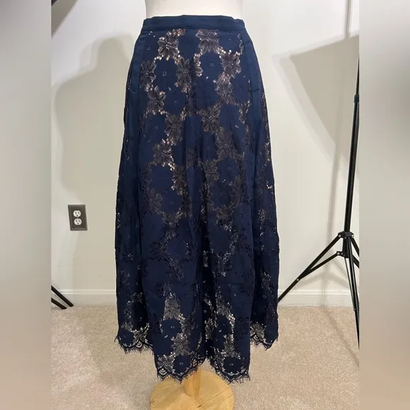 NEW Foxiedox Atiqah Navy Blue Lace Midi Skirt.