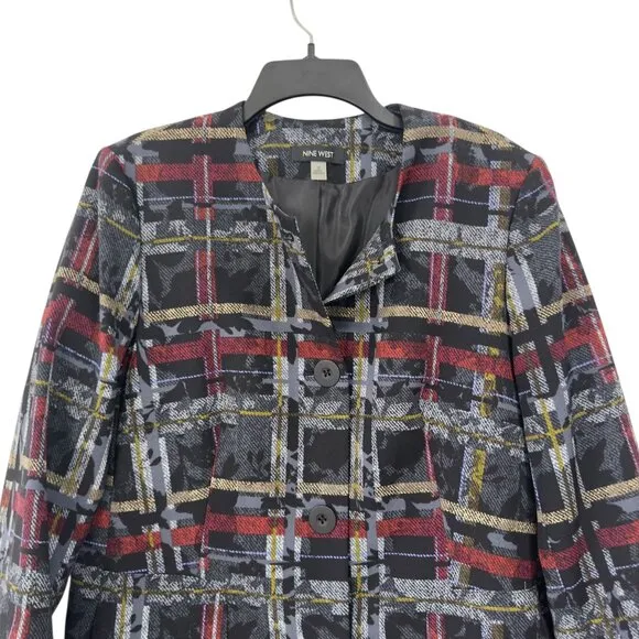 Nine West Womens Plaid Button-Up Coat Size 12 Black/Red/Yellow