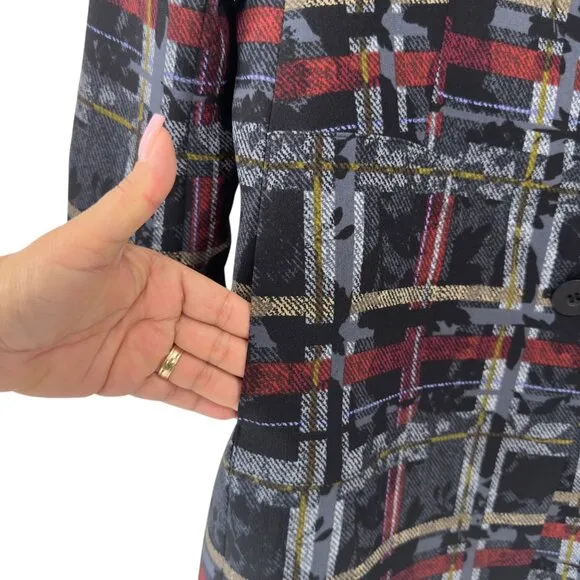Nine West Womens Plaid Button-Up Coat Size 12 Black/Red/Yellow