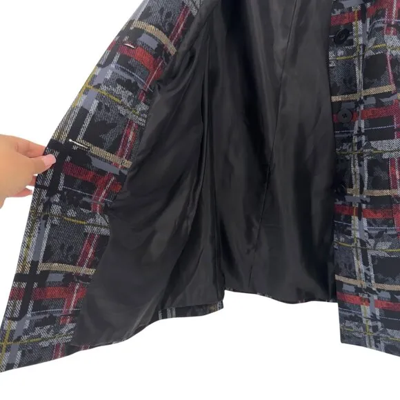 Nine West Womens Plaid Button-Up Coat Size 12 Black/Red/Yellow
