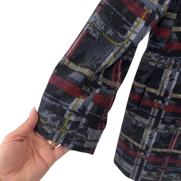 Nine West Womens Plaid Button-Up Coat Size 12 Black/Red/Yellow