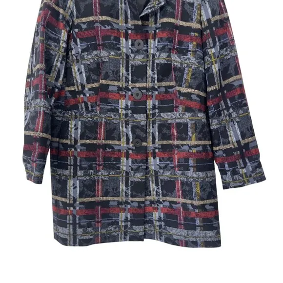 Nine West Womens Plaid Button-Up Coat Size 12 Black/Red/Yellow