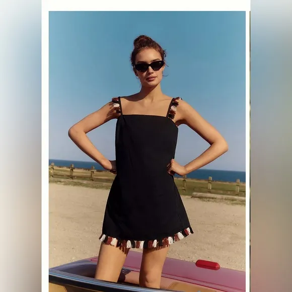 NWT ANTHROPOLOGIE The Hartley Shift Mini Dress black fringe medium $98