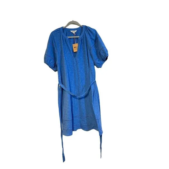 NWT Boden Women Blue size 16 V-Neck Short Sleeve Belted Shift Dress Eyelet