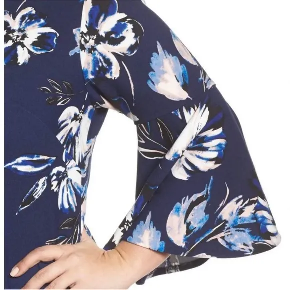 NWT Eliza J Womens Bell Sleeve Shirt Dress Navy Floral Print Size 6