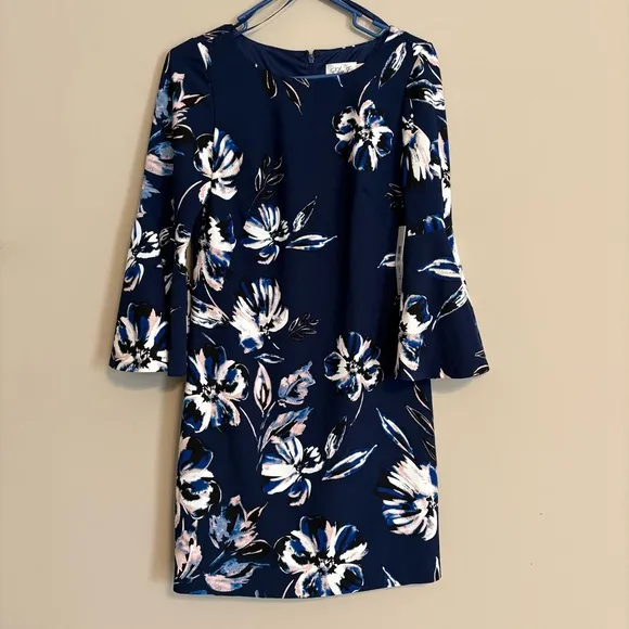 NWT Eliza J Womens Bell Sleeve Shirt Dress Navy Floral Print Size 6