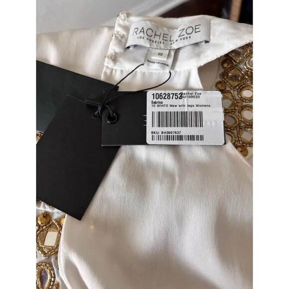 NWT Rachel Zoe Womens White Embellished Sleeveless Halter Midi Shift Dress 10