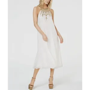 NWT Rachel Zoe Womens White Embellished Sleeveless Halter Midi Shift Dress 10