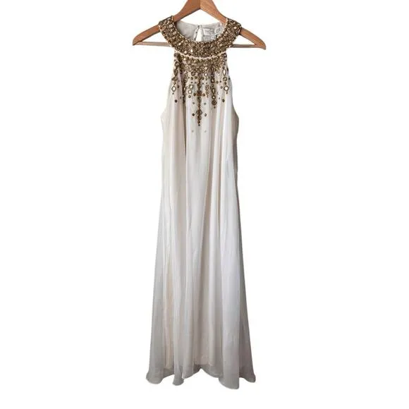 NWT Rachel Zoe Womens White Embellished Sleeveless Halter Midi Shift Dress 10
