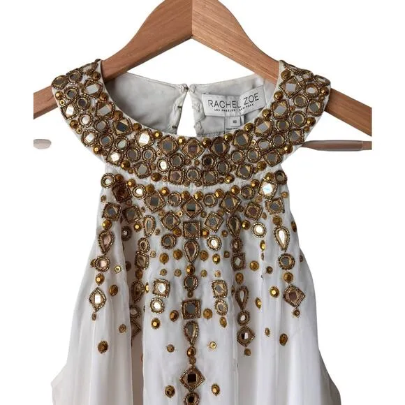 NWT Rachel Zoe Womens White Embellished Sleeveless Halter Midi Shift Dress 10